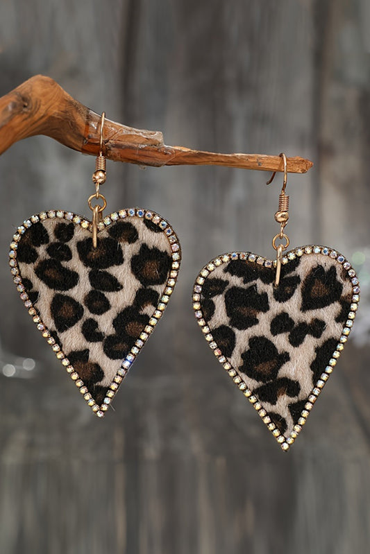 Rhinestone Edge Leopard Print Heart Shape Earrings