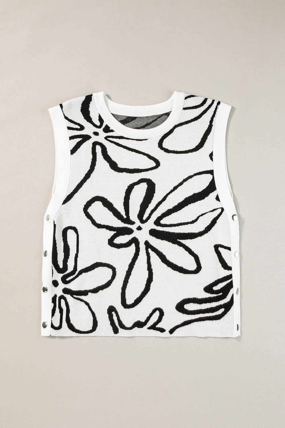 Button Sides Sleeveless Floral Knitted Top