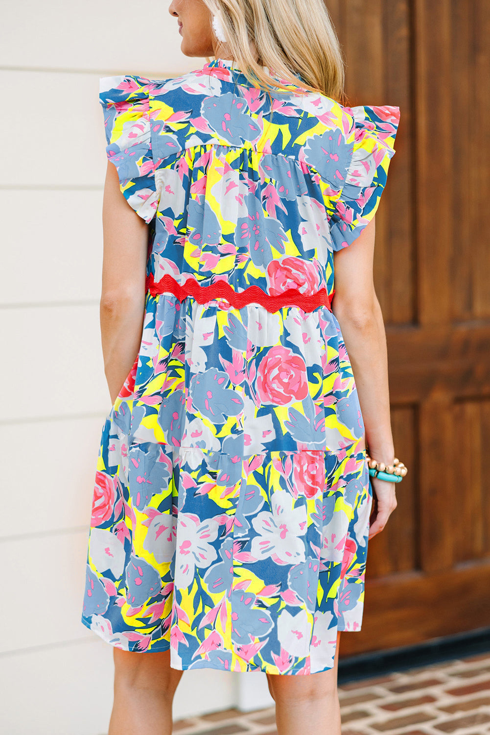 Floral Printed V Notched Ric Rac Flutter Sleeve Dress