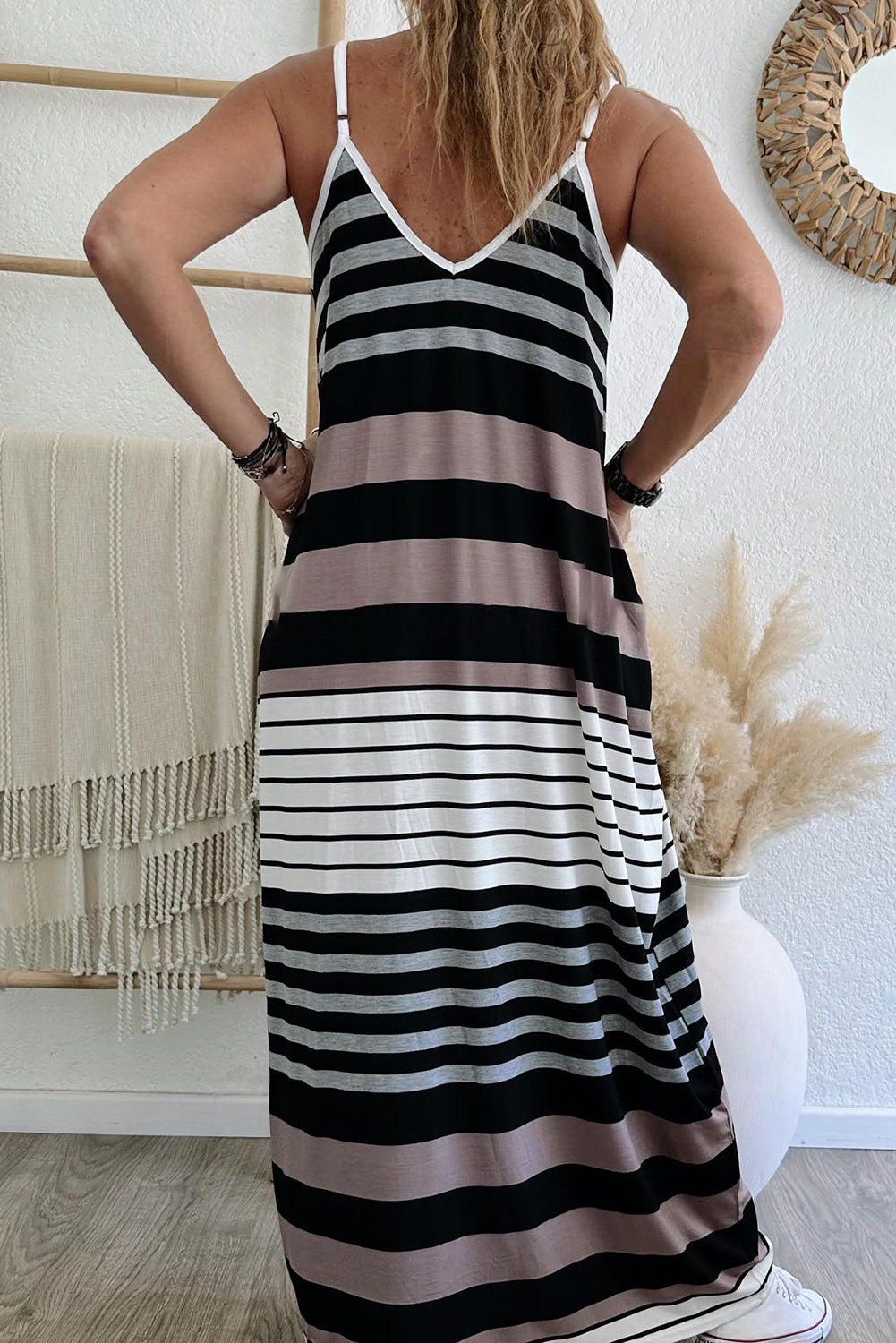 Multicolor Mixed Stripes Spaghetti Straps V Neck Maxi Dress