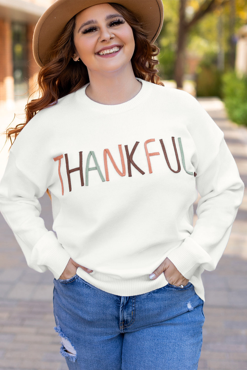 White Thankful Embroidered Sweater in CURVY SIZE ONLY