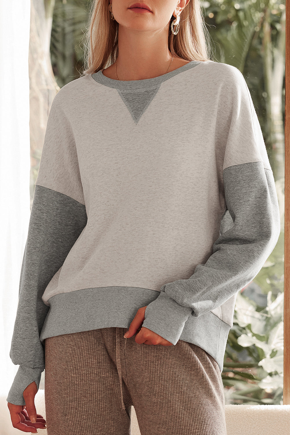 Parchment Color Block Thumbhole Sleeve Drop Shoulder Sweatshirt