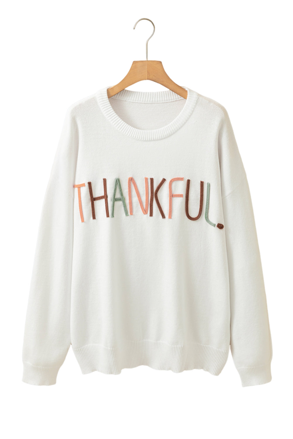 White Thankful Embroidered Sweater in CURVY SIZE ONLY