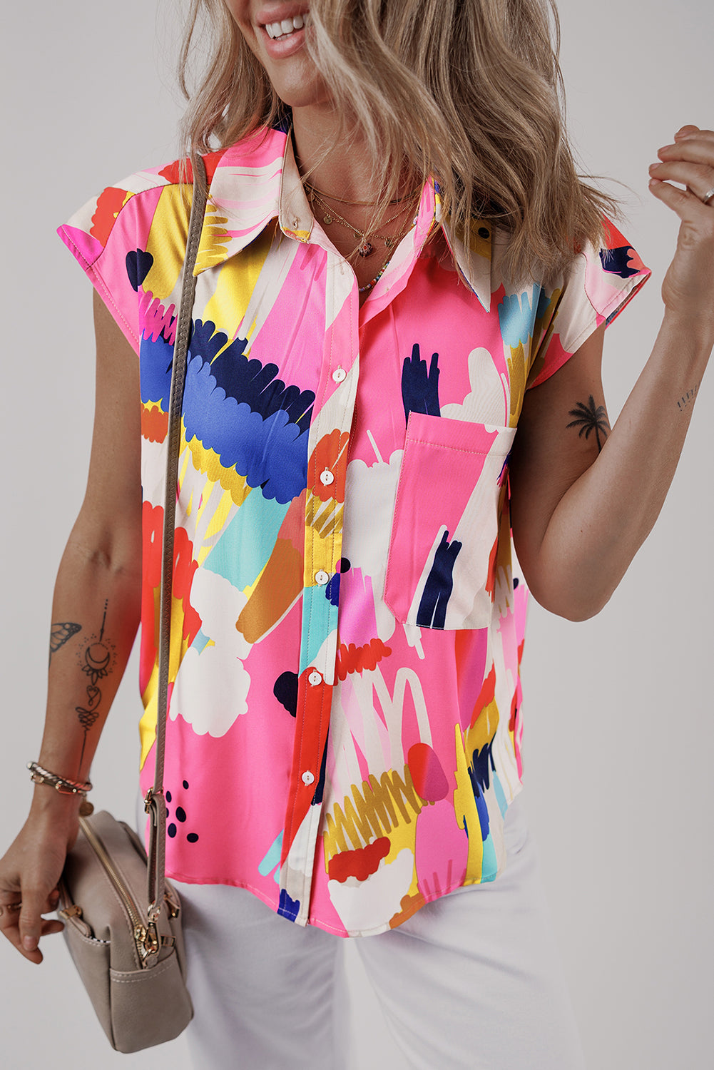 Multicolor Abstract Print Collared Cap Sleeve Casual Shirt