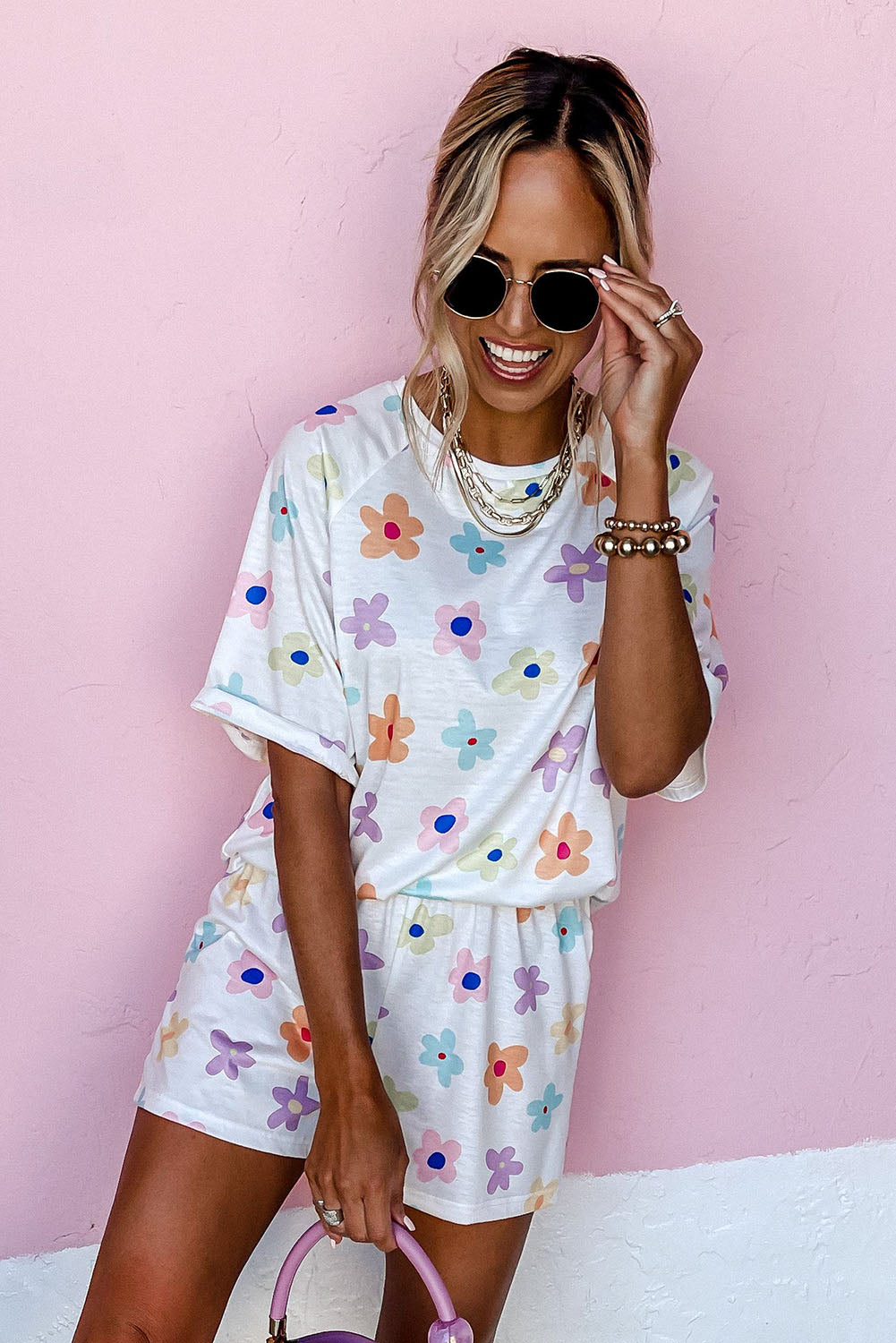 Flower Print Short Sleeve High Waist  in whiteTwo Piece Shorts Set