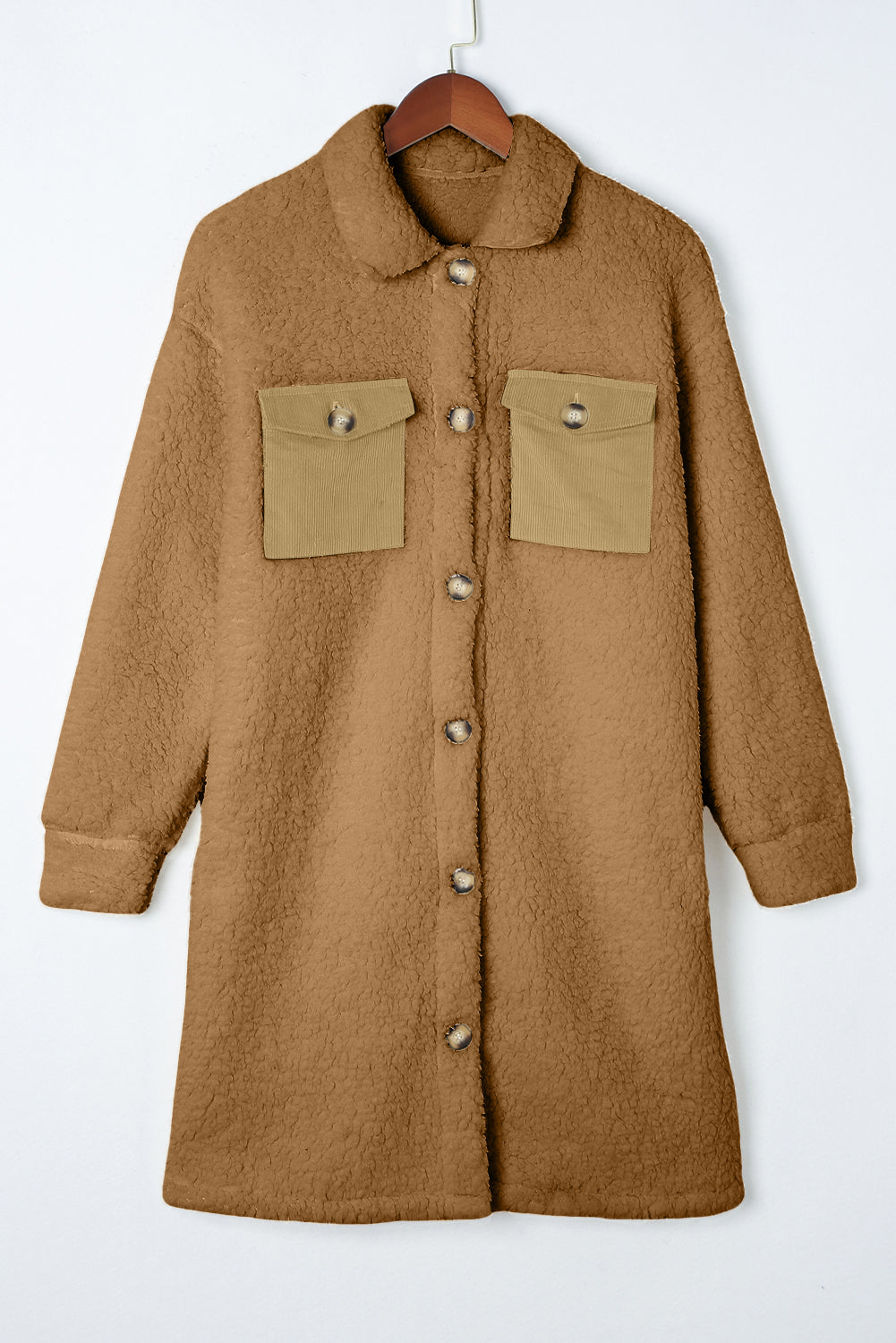 Contrast Flap Pocket Single Breasted Teddy Coat