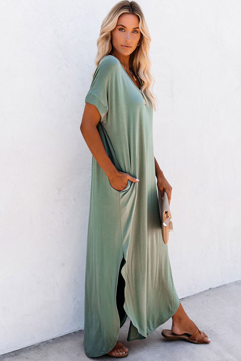 V Neck Maxi Dress with  Hidden Pockets