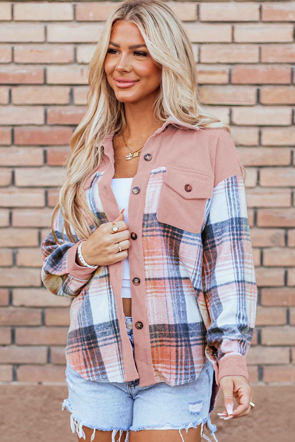 pink Plaid Corduroy Patchwork Chest Pocket Shacket