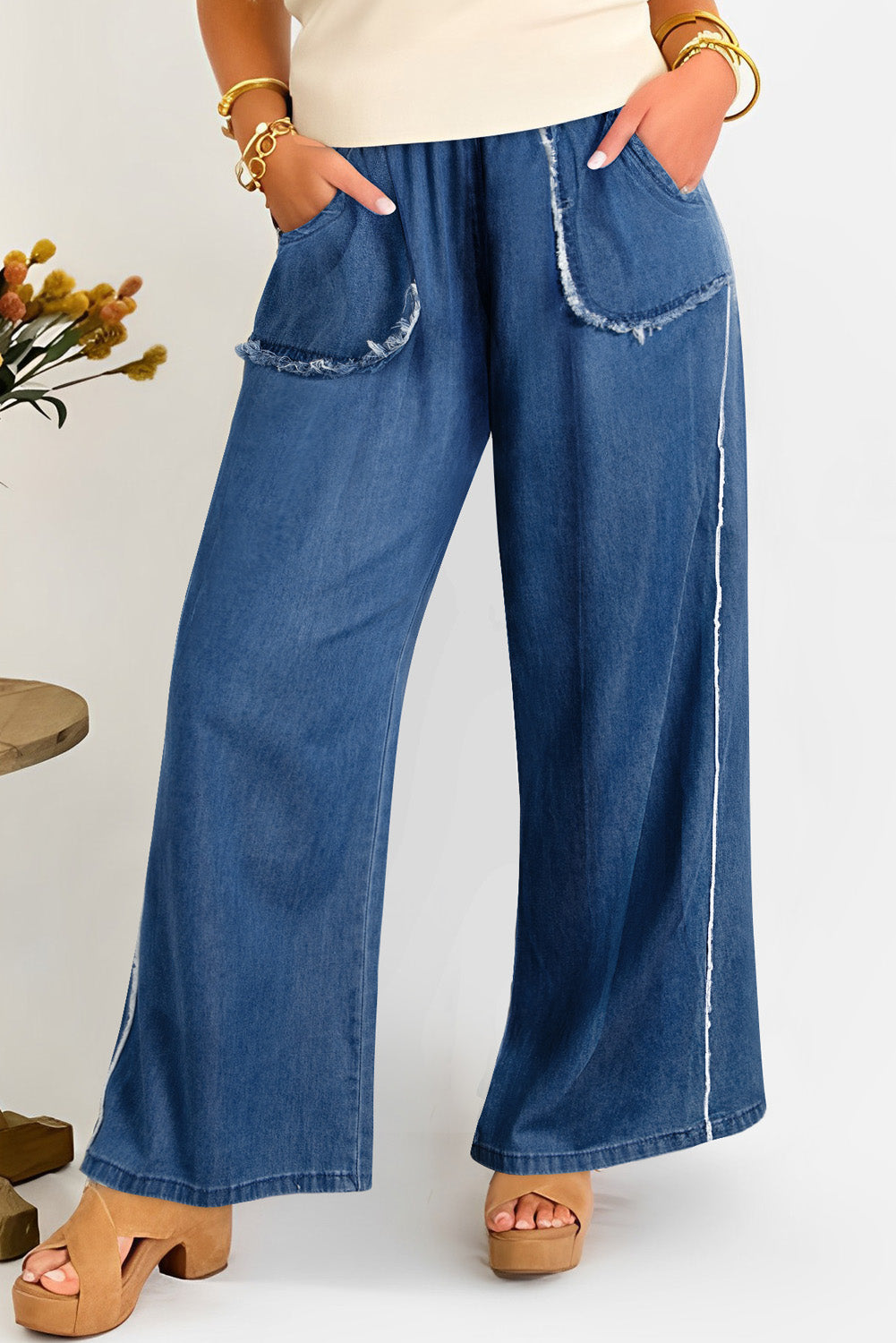 Blue Washed Denim Chambray Loose Pants in CURVY SIZE ONLY