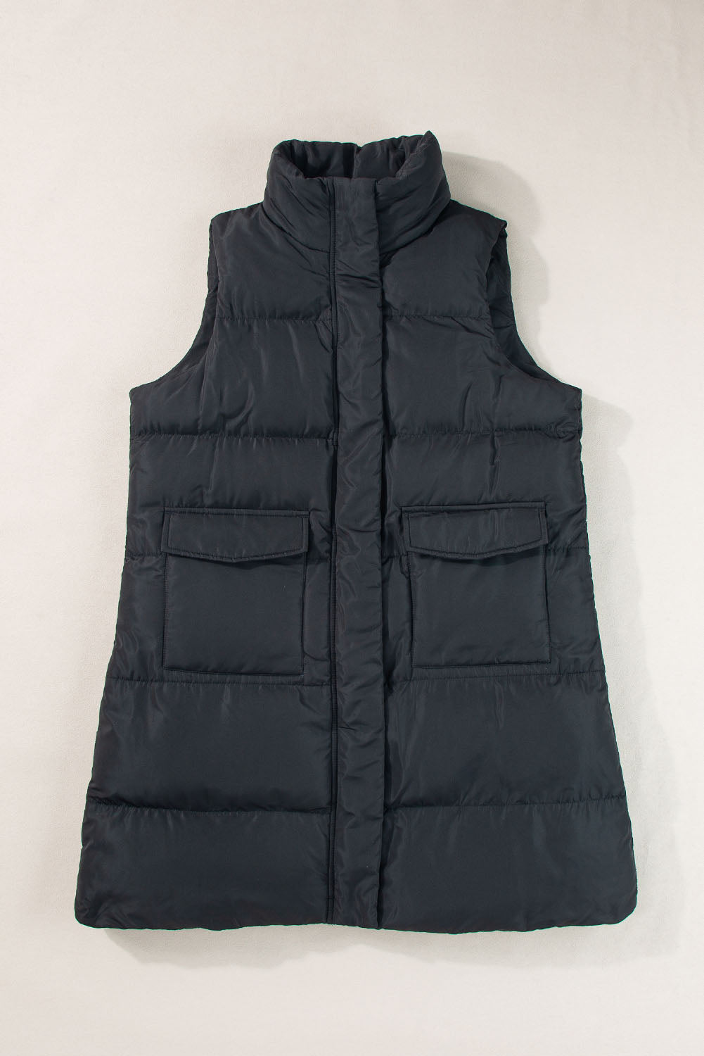 Windproof Longline Full Zipper Puffer Vest with Pockets