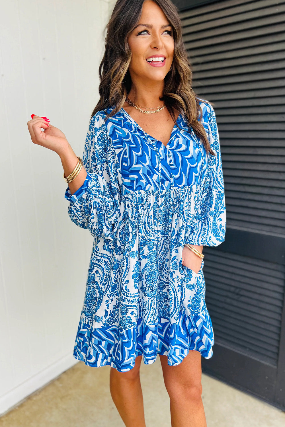 Bohemian Print Puff Sleeve Tied V Neck Flared Mini Dress