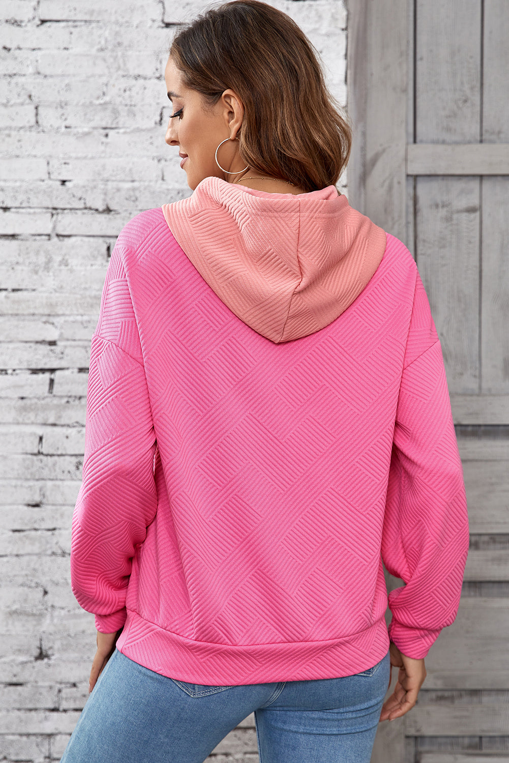 Textured Color Block Kangaroo Pocket Drop Shoulder Hoodie