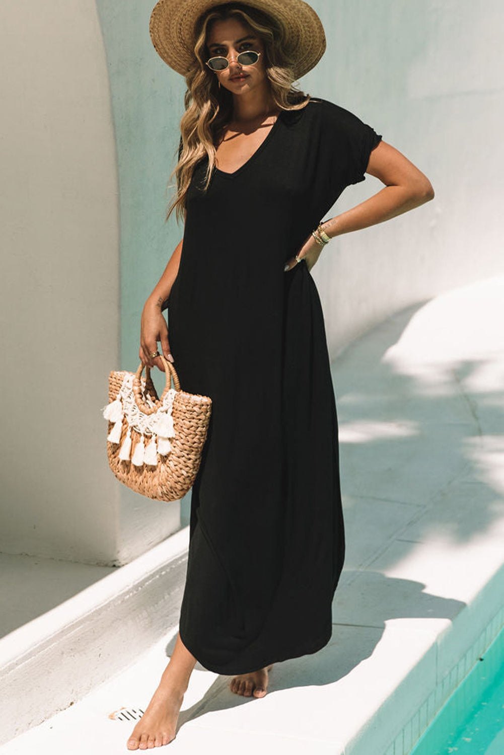 V Neck Maxi Dress with  Hidden Pockets