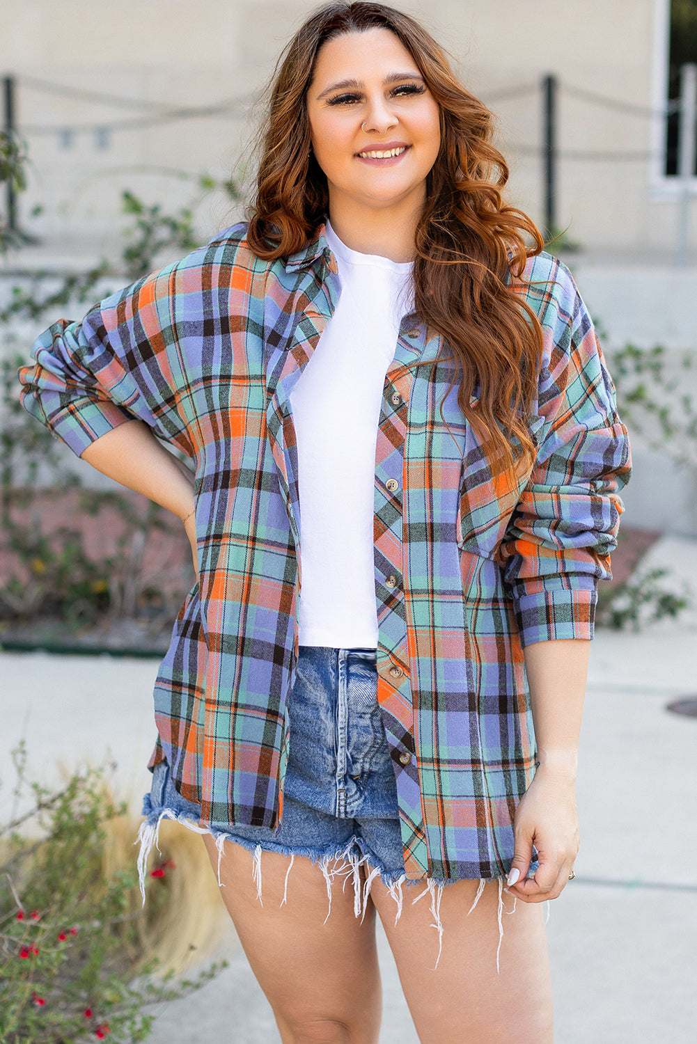 Plaid Print Buttoned Shirt in CURVY SIZE ONLY