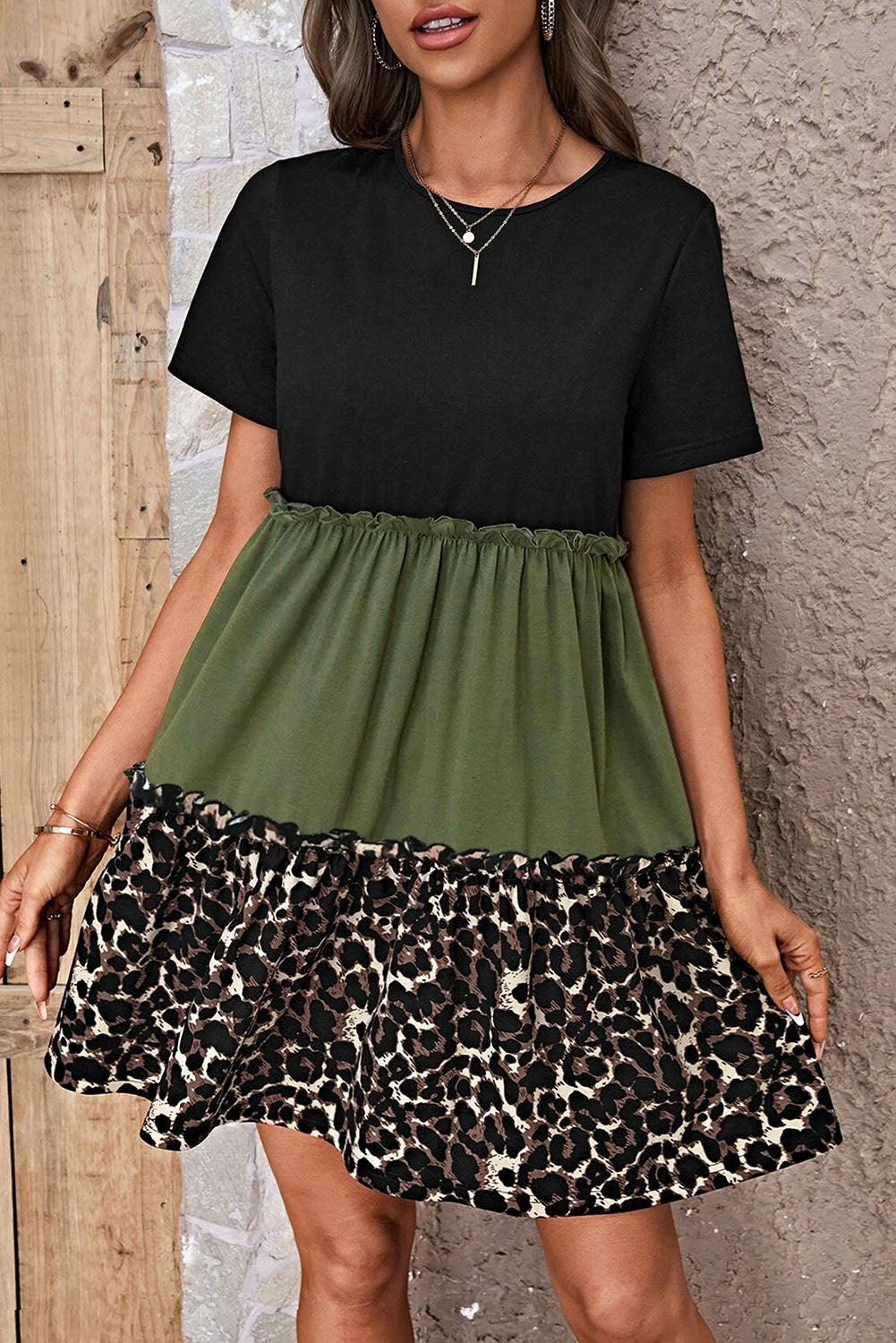 Leopard Print Color Block Frill Trim T-shirt Dress