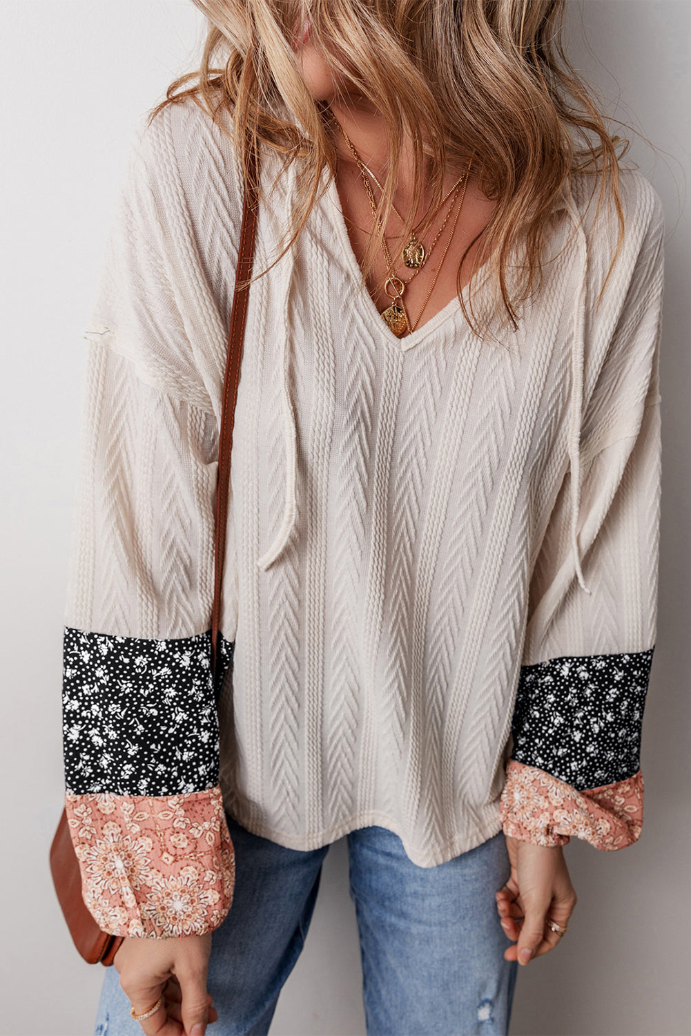 Beige Floral Patchwork Textured Knit Drawstring V Neck Top