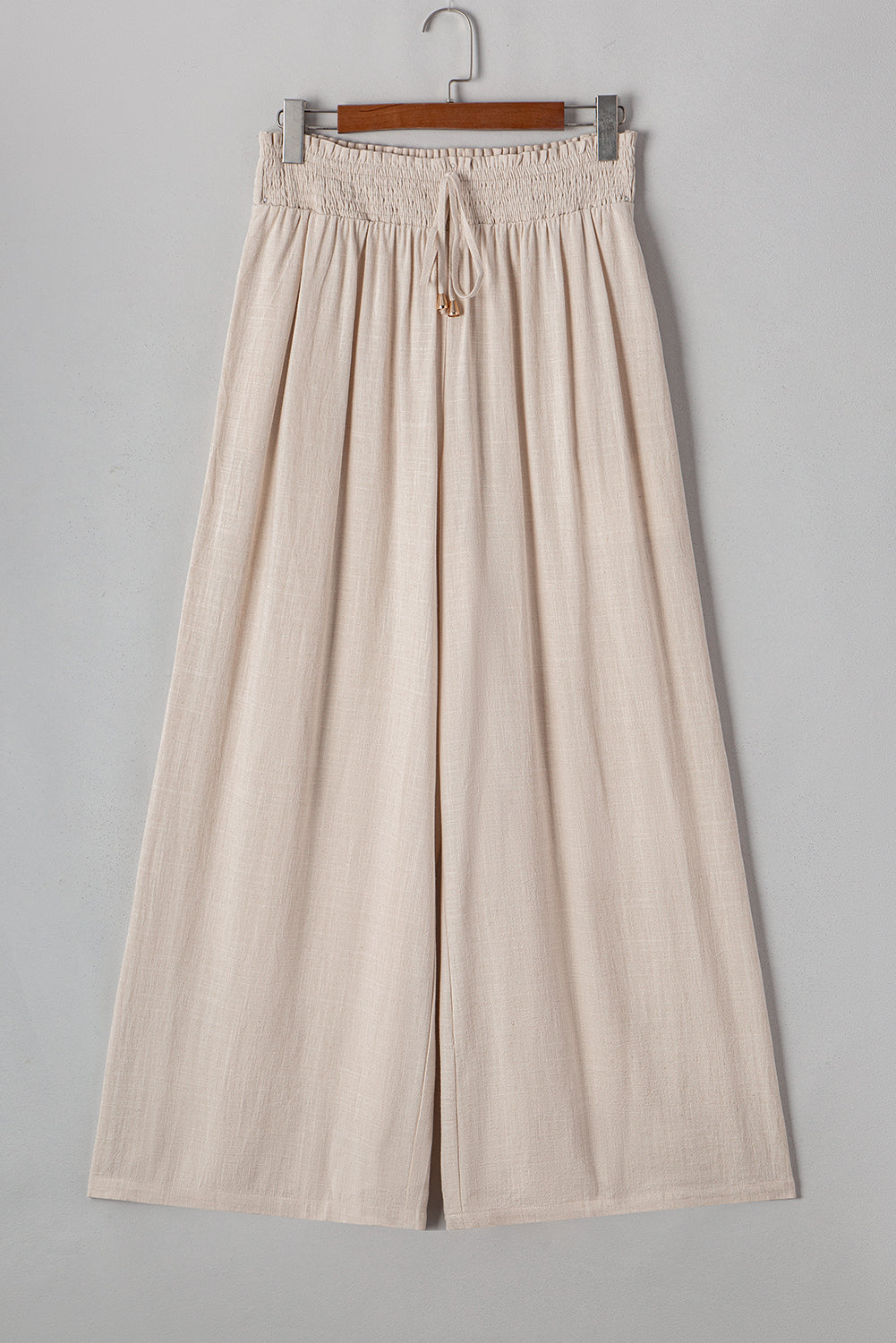 Beige Smocked High Waist Wide Leg Pants in CURVY SIZE ONLY