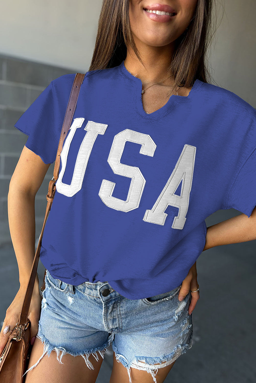 USA Lettering Patch Notched Neck Loose Tee