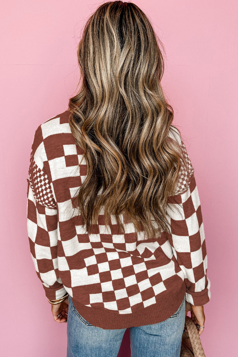 Checkered Print Drop Shoulder Round Neck Sweater