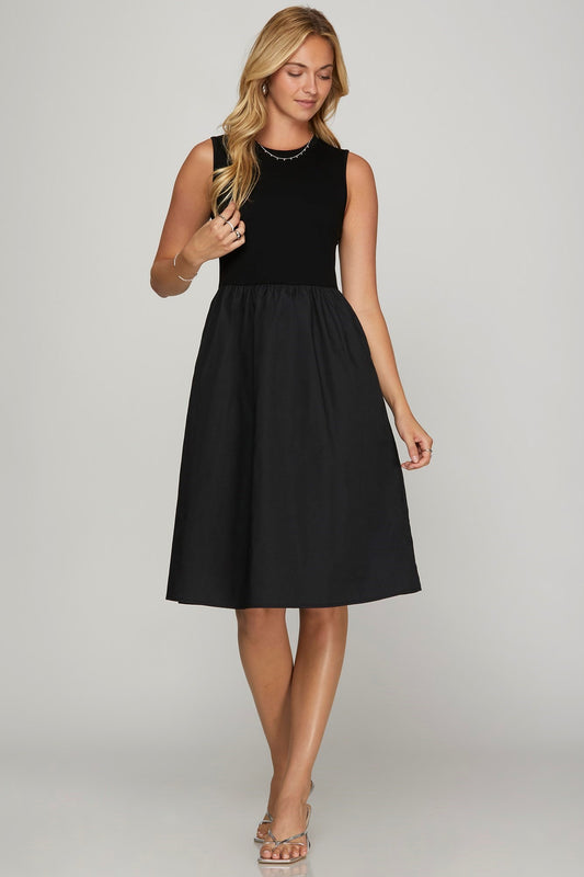 Sleeveless Poplin Woven Midi Dress with Pockets