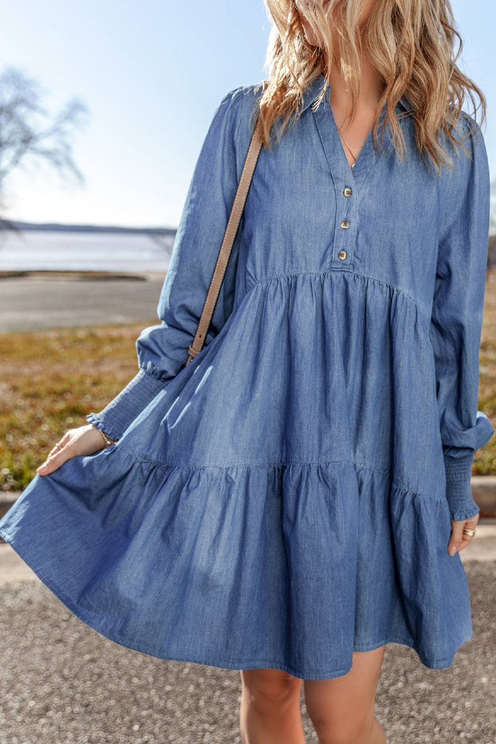 Smocked Cuff Buttoned Tiered Denim Mini Dress