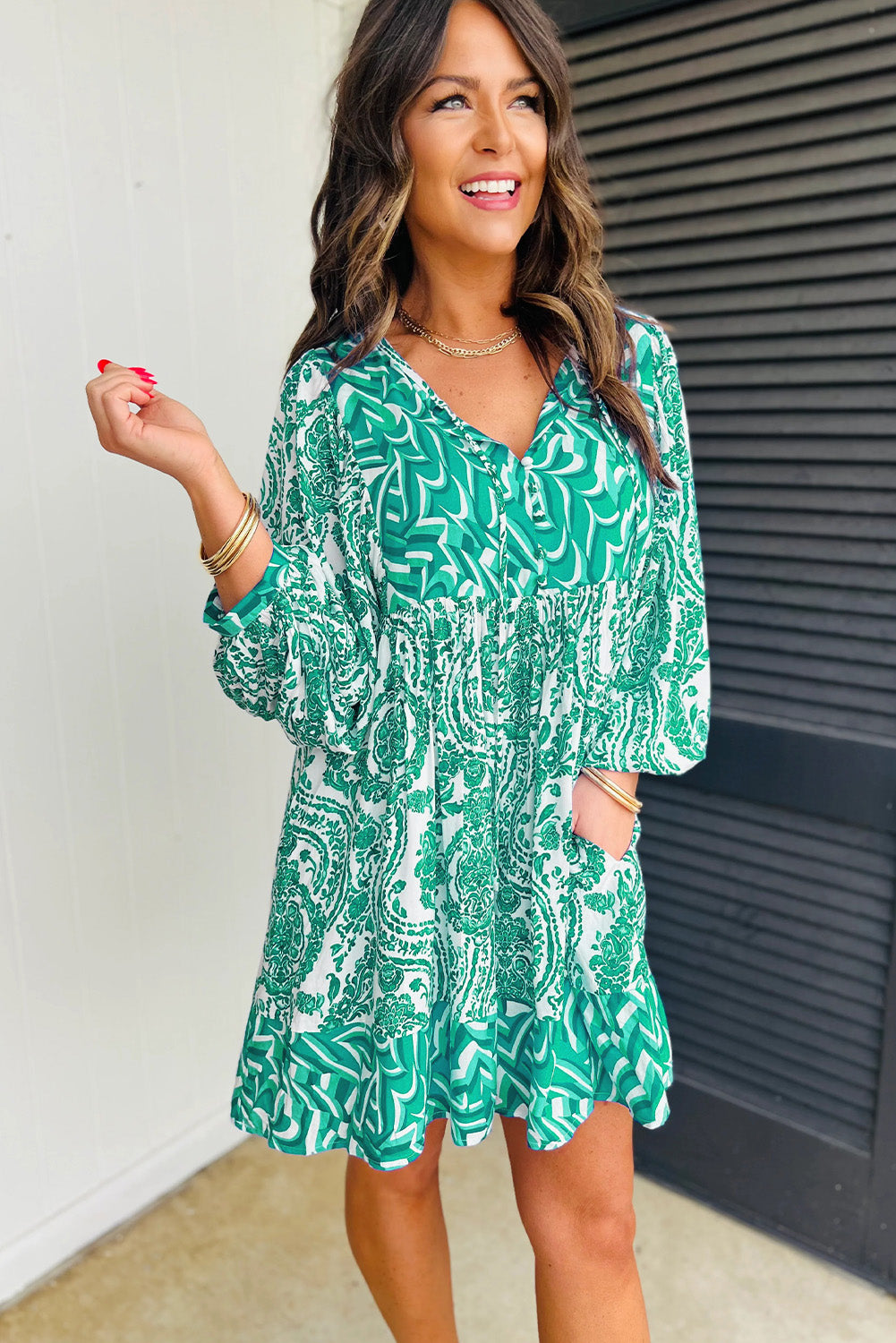 Bohemian Print Puff Sleeve Tied V Neck Flared Mini Dress