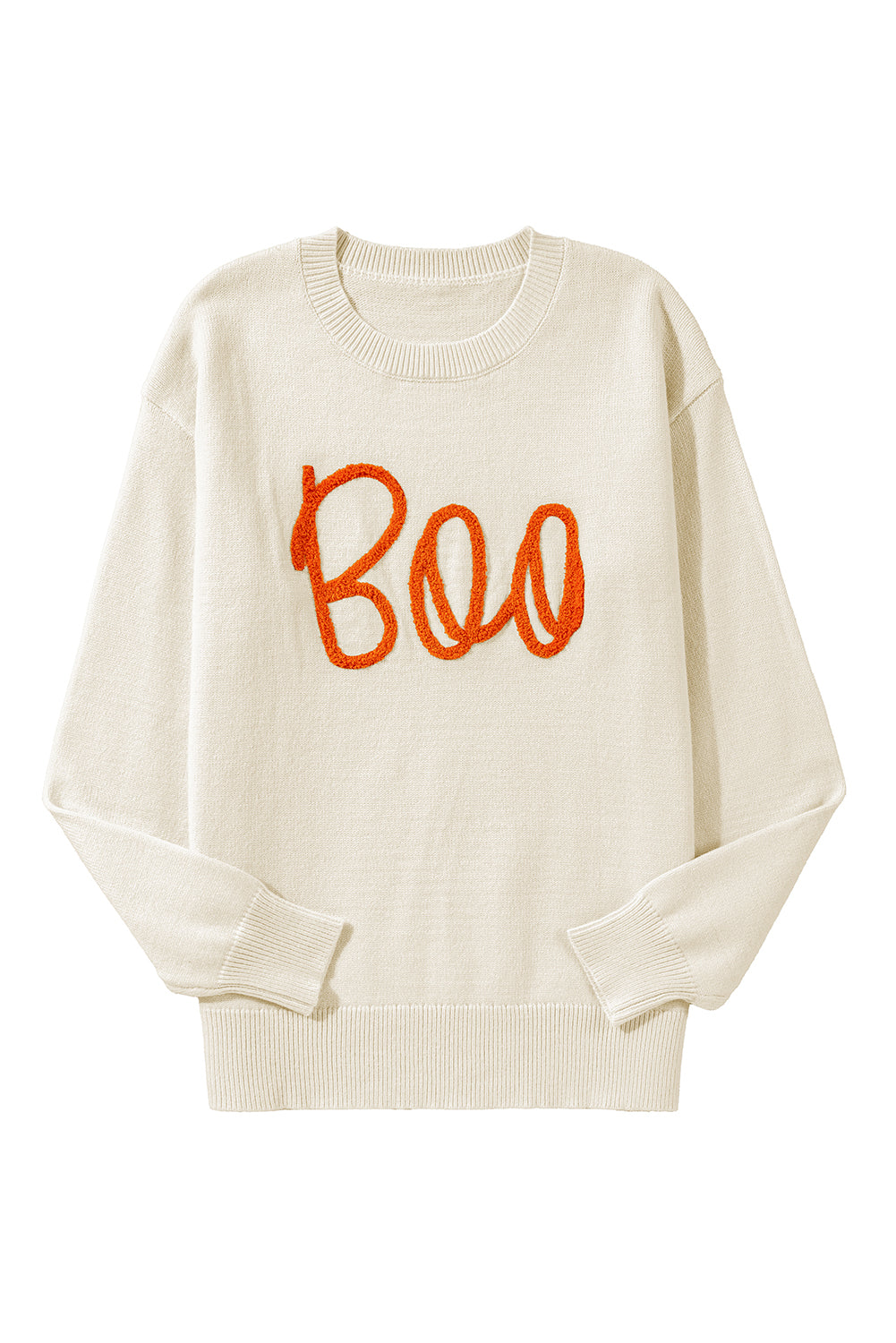 Boo Knitted Pattern Ribbed Edge Drop Shoulder Sweater