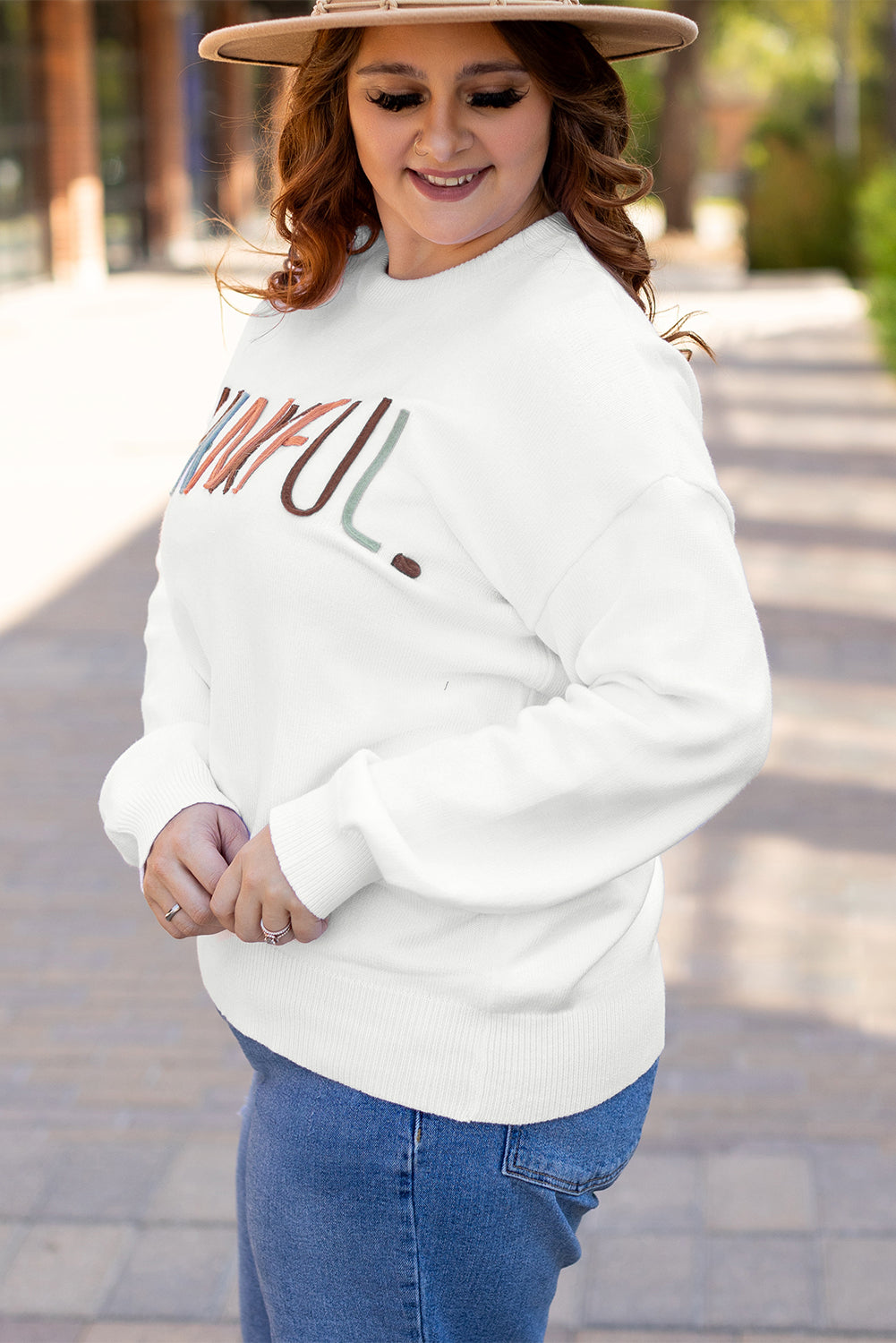 White Thankful Embroidered Sweater in CURVY SIZE ONLY