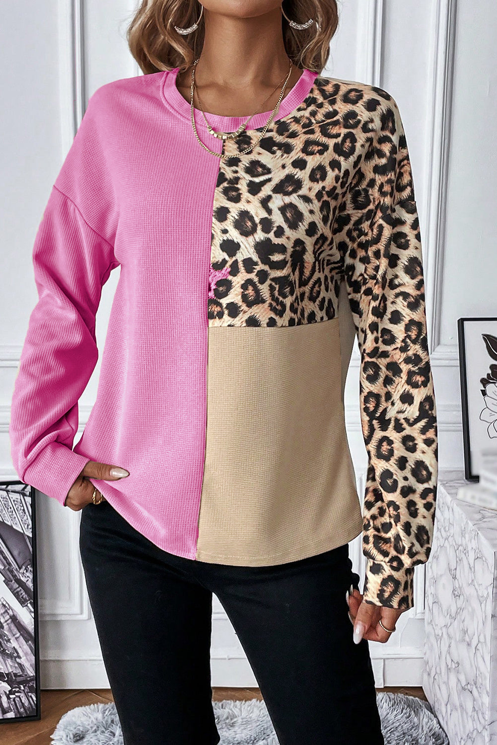 Leopard Color Block Waffle Knit Top in Pink