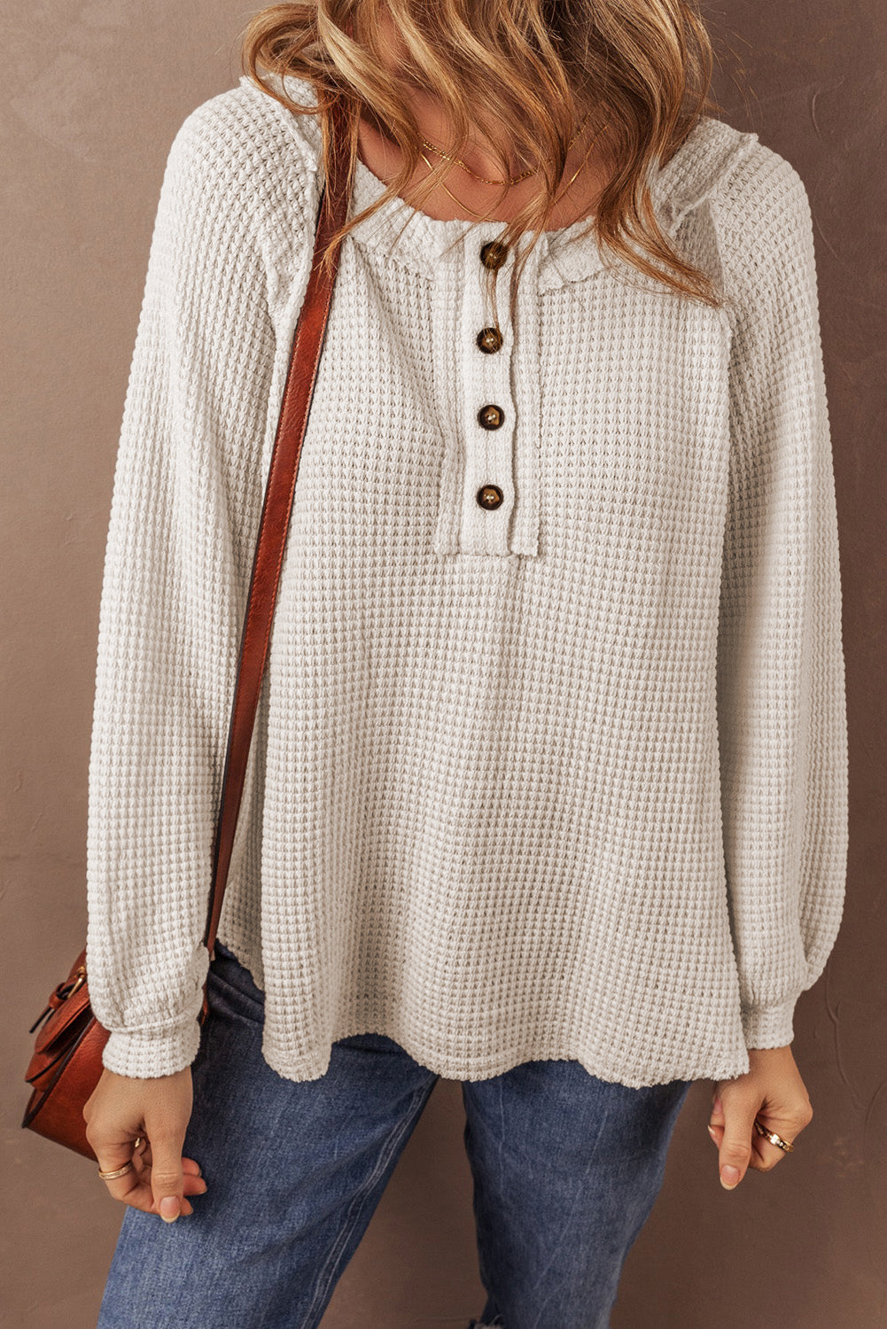 Oatmeal Waffle Knit Buttoned Front Raglan Sleeve Loose Sweater