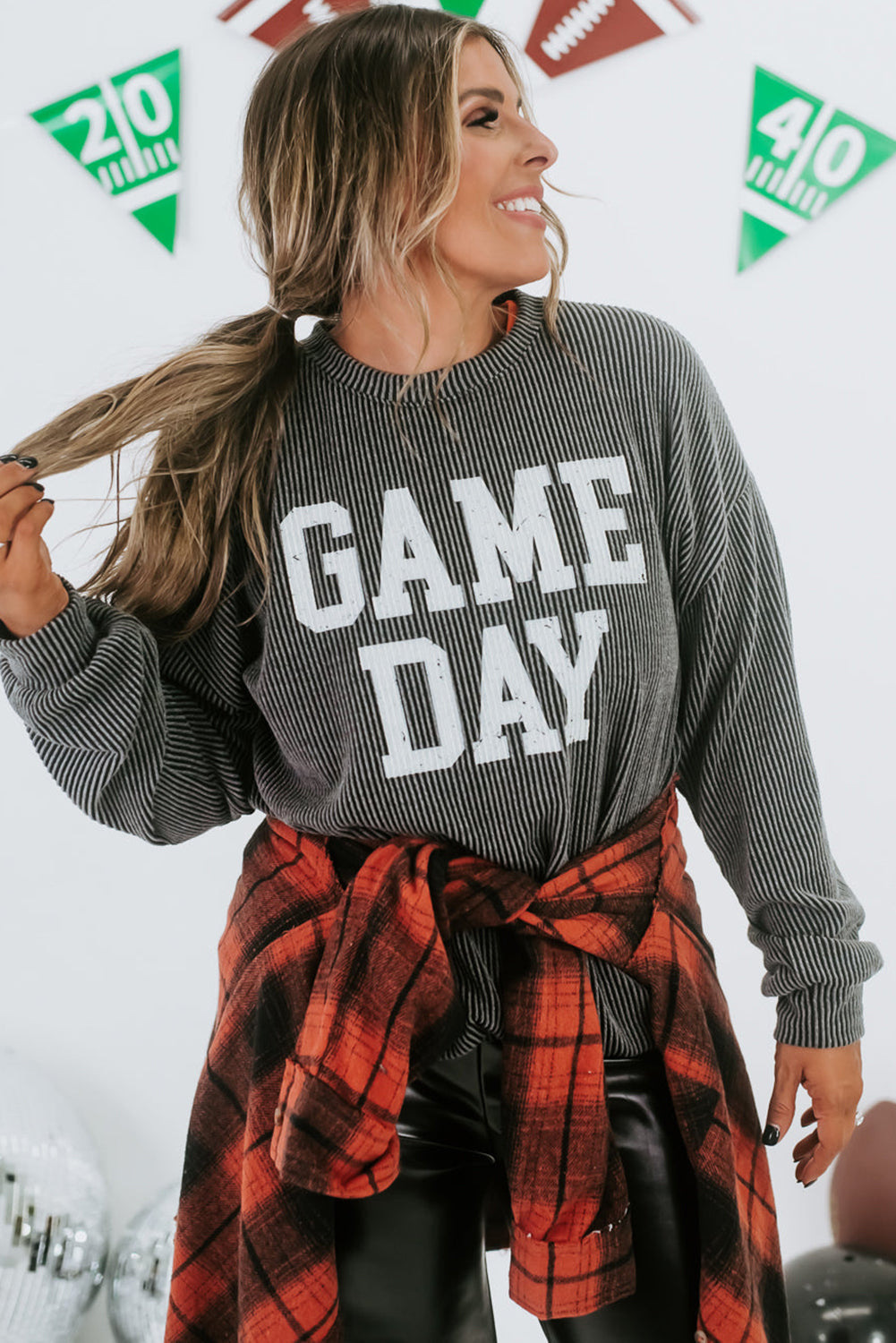 Dark Grey Corded GAME DAY Graphic Long Sleeve Crewneck Top