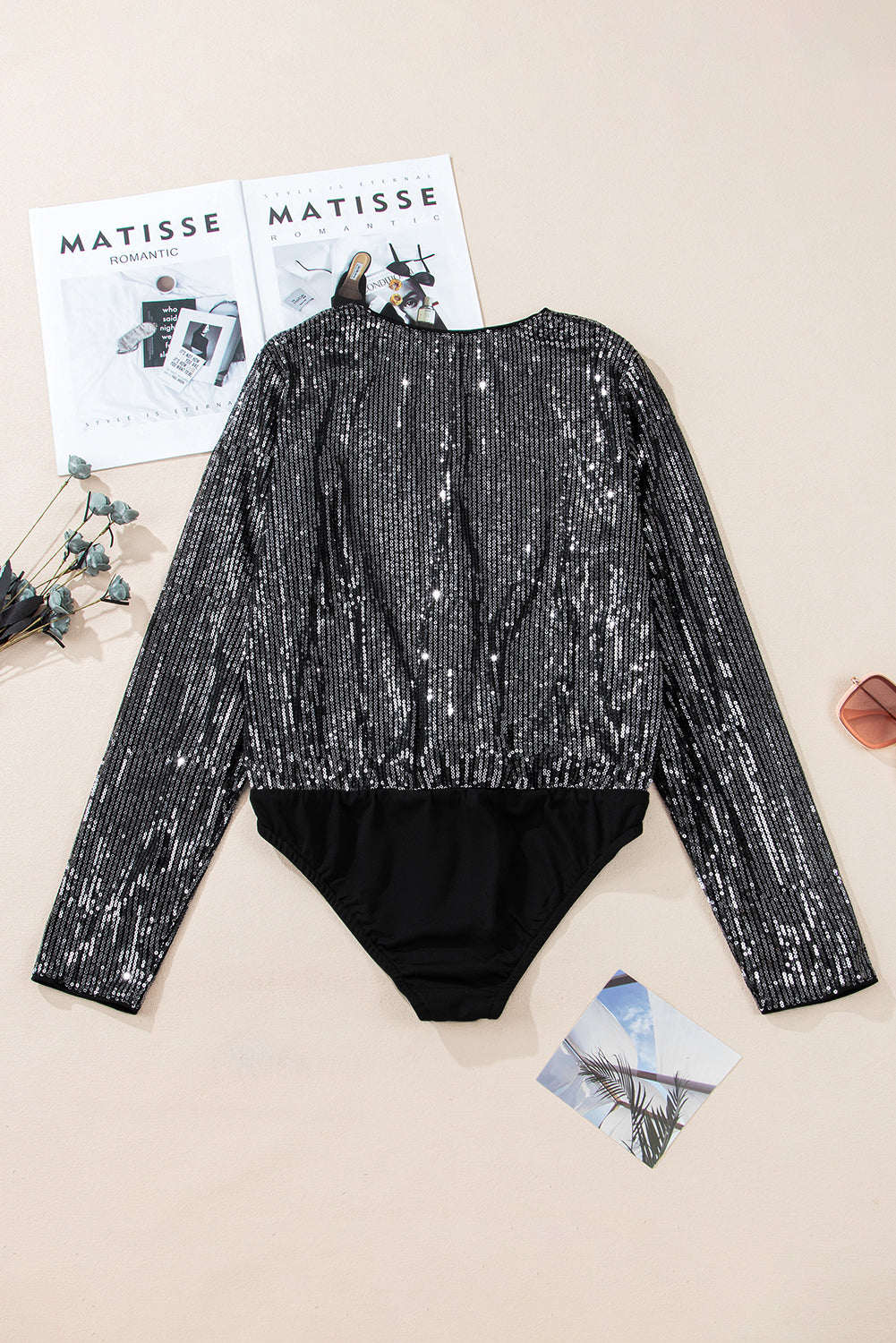 Black Sequin Mesh Long Sleeve Surplice Neck Bodysuit