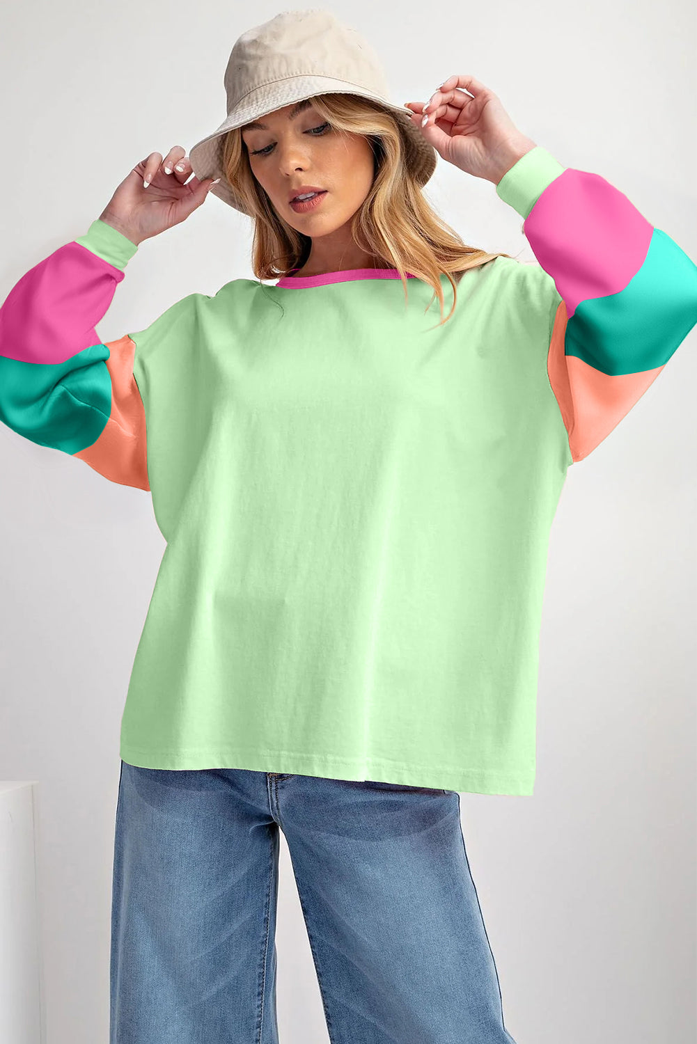 Color Block Patchwork Long Sleeve Loose Top