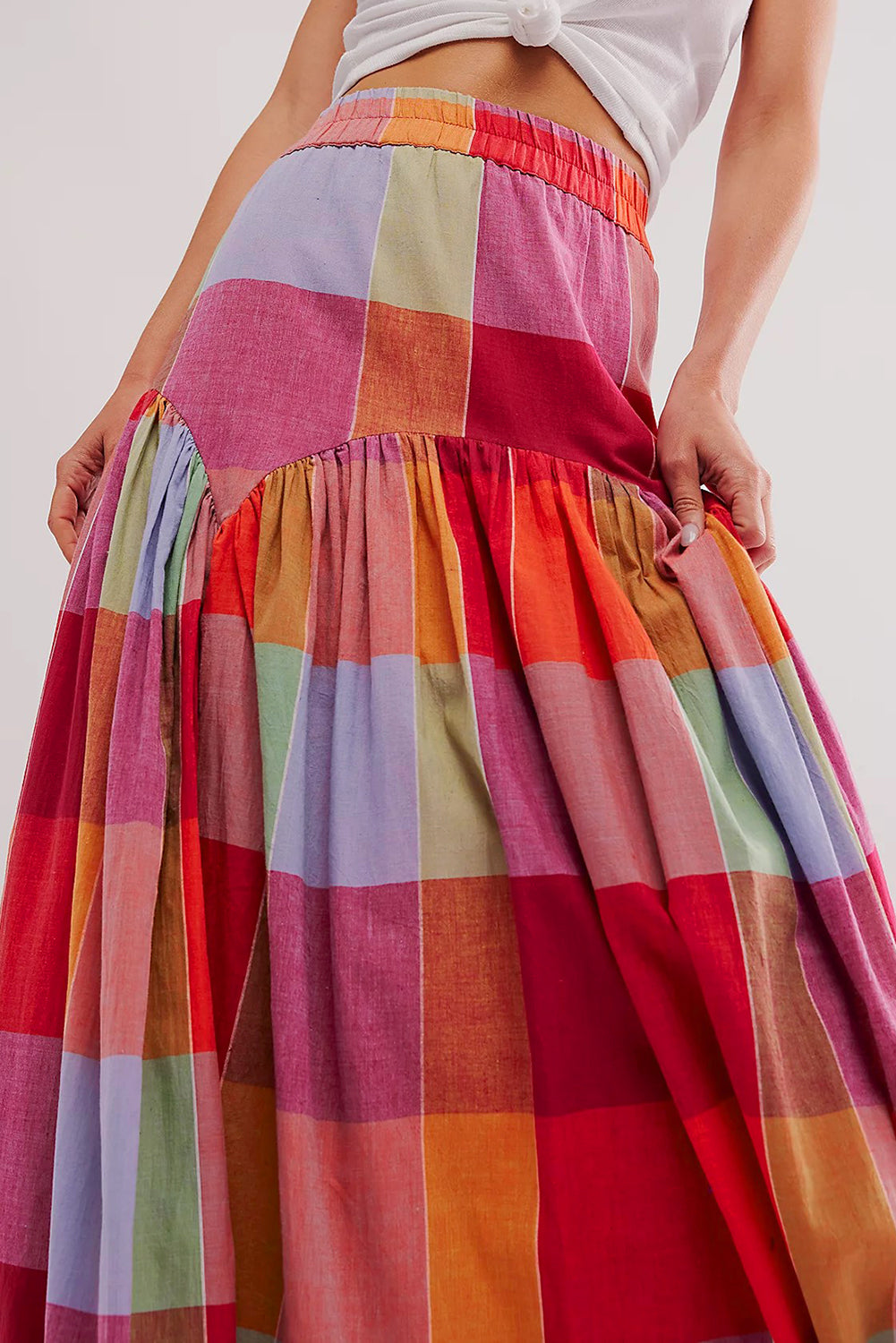 Multicolor Plaid Print Ruched High Waist Casual Maxi Skirt