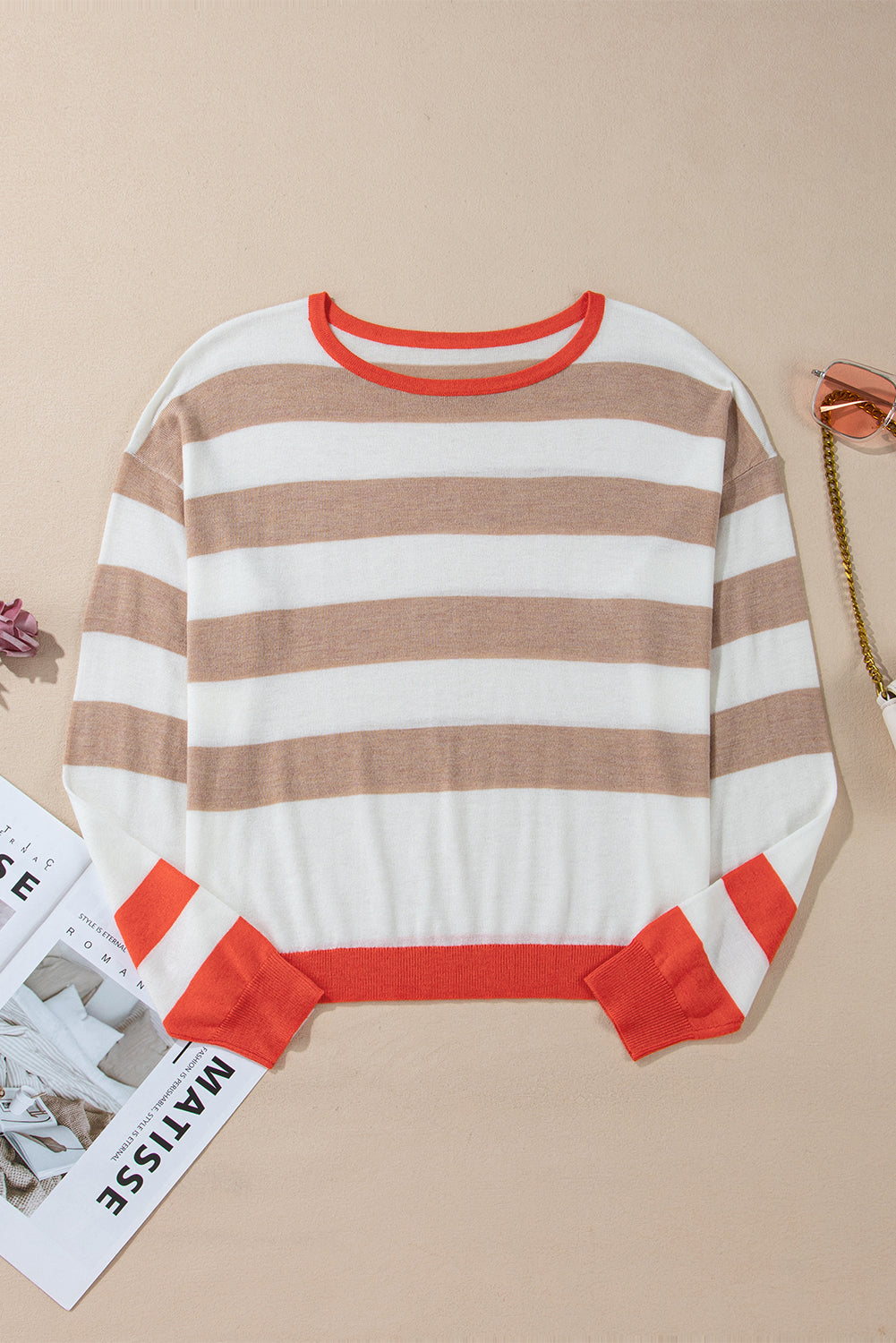 Apricot Striped Round Neck Drop Shoulder Sweater