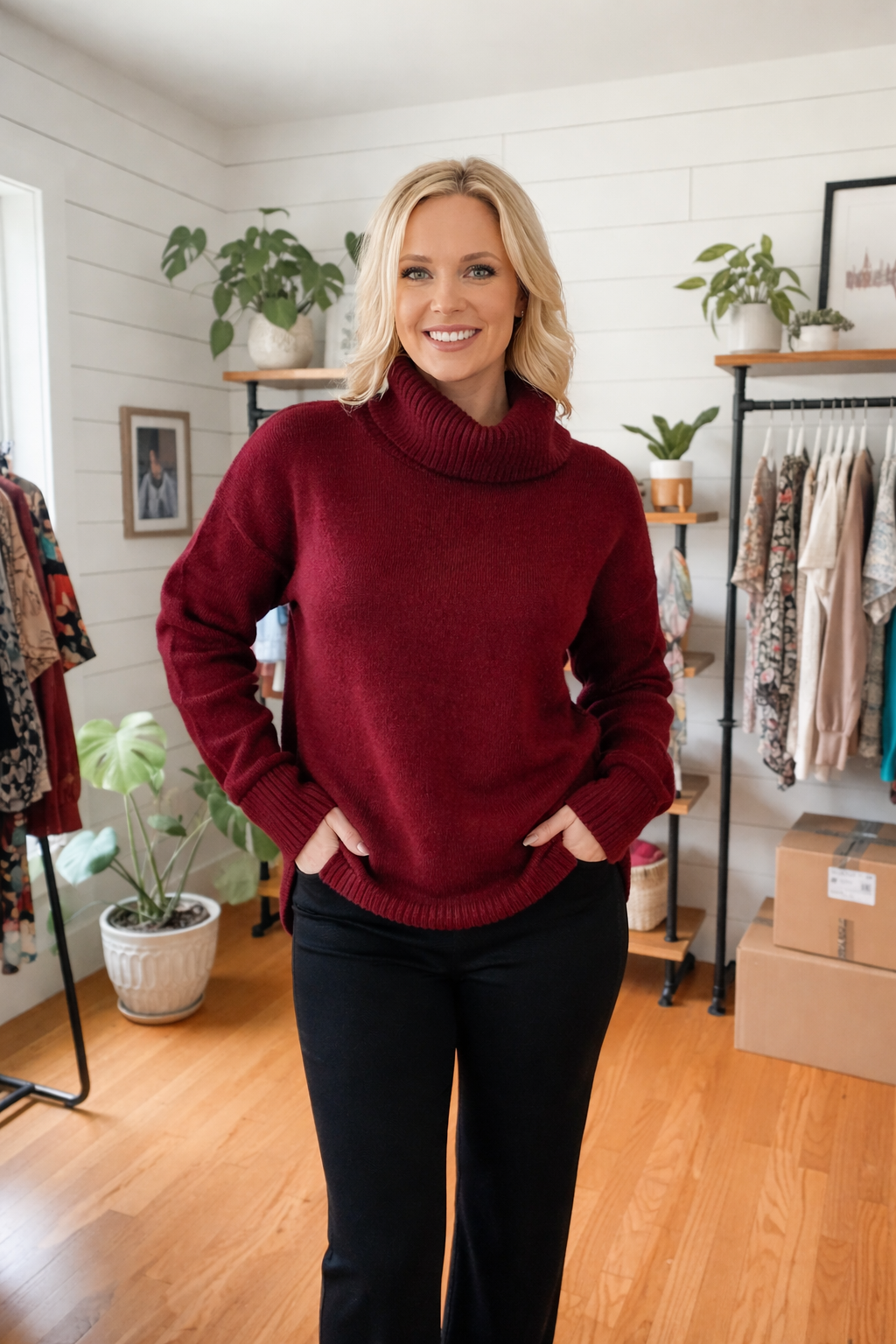 Woman wearing a red sweater in a clothing store