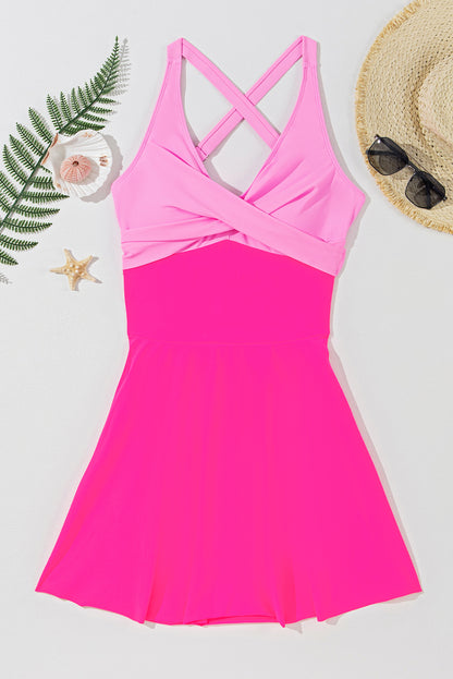 Flared One Piece Swimsuit with Crisscross Straps & Tie in rose