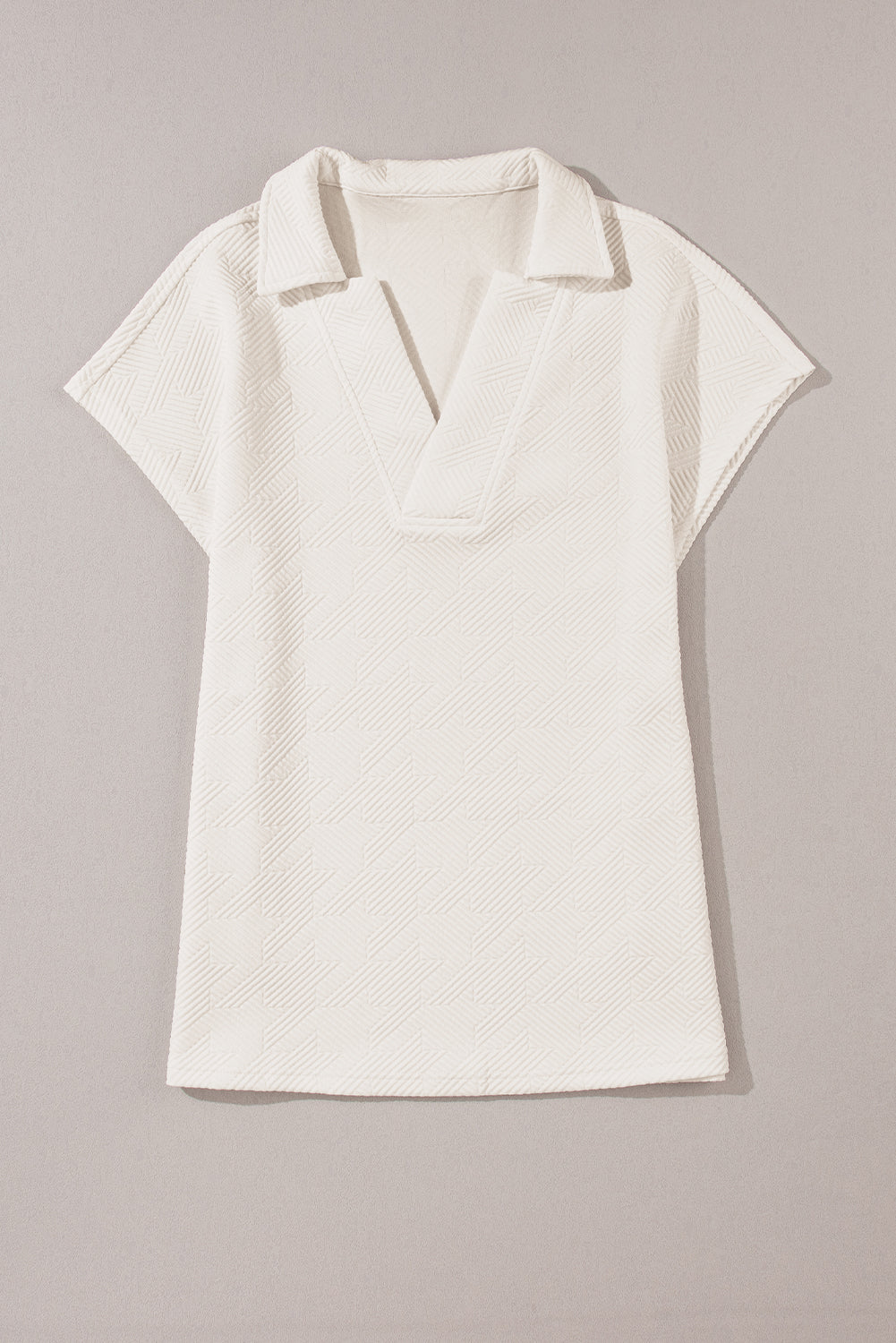 Textured V Neck Collared Short Sleeve Top in White