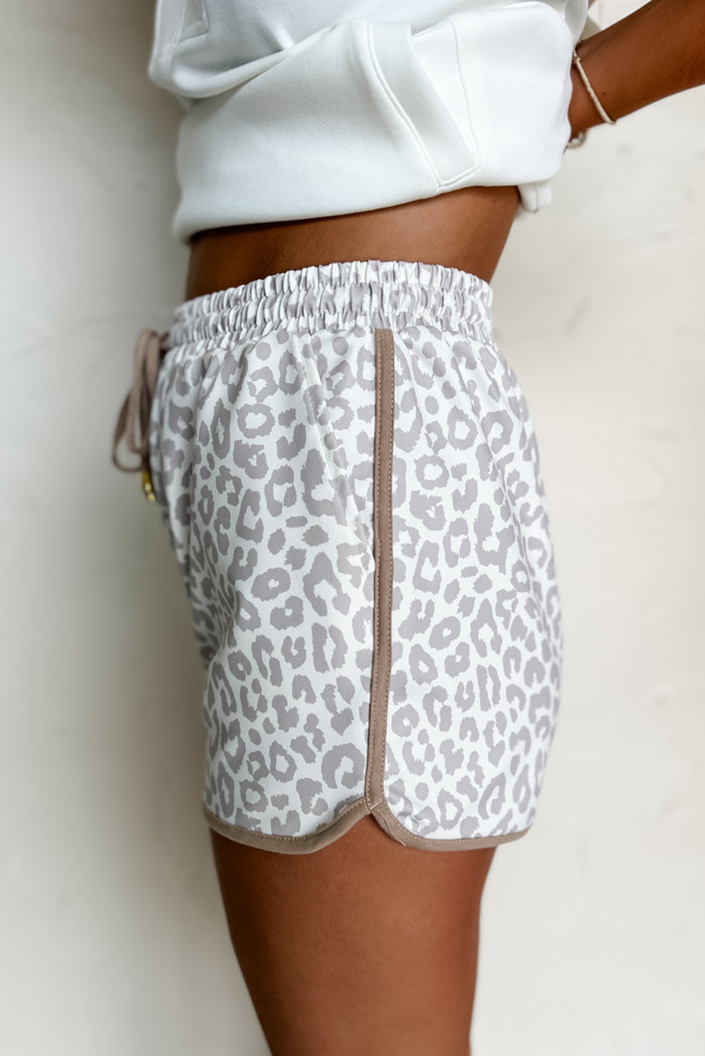 White Leopard Elastic Waist Lace up Casual Shorts