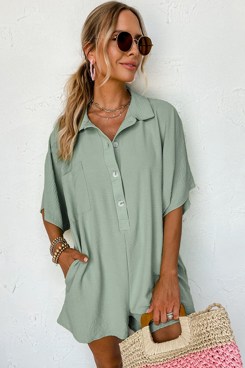 Half Button Collared Loose Romper