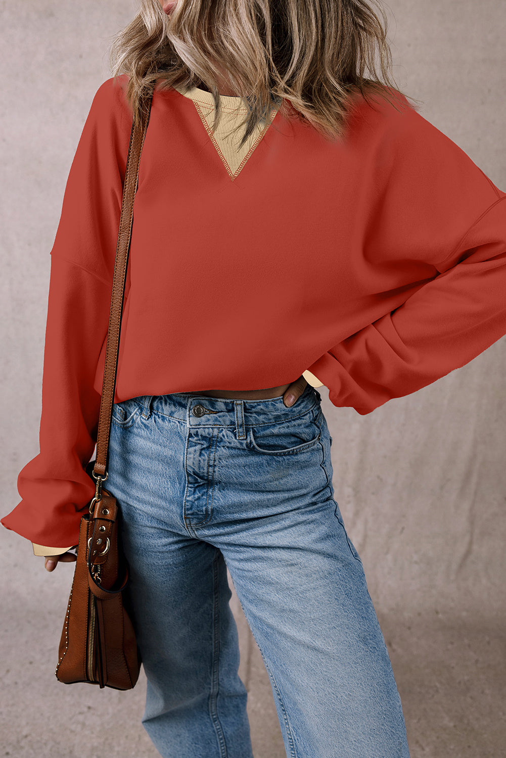 Oversized Sweatshirt Color Block Patch Drop Shoulder