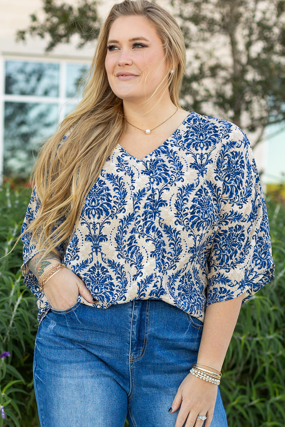 Blue Printed 3/4 Sleeve V Neck Loose Blouse in CURVY SIZE ONLY