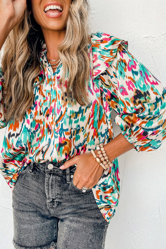 Multicolor Abstract Print 3/4 Puff Sleeve Ruffle Blouse in Teal Multicolor