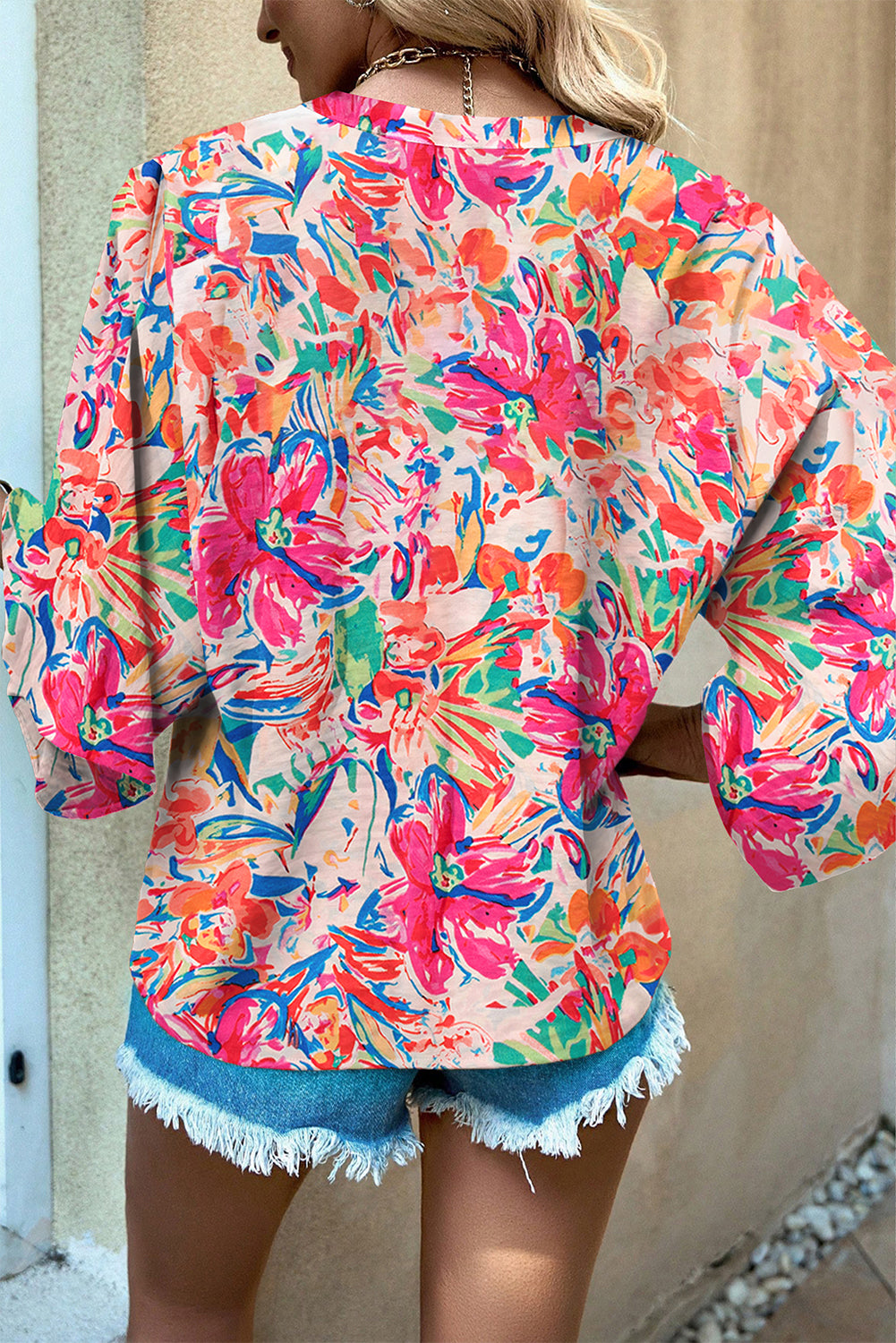 Multicolor Floral Print Bell Sleeve V Neck Blouse