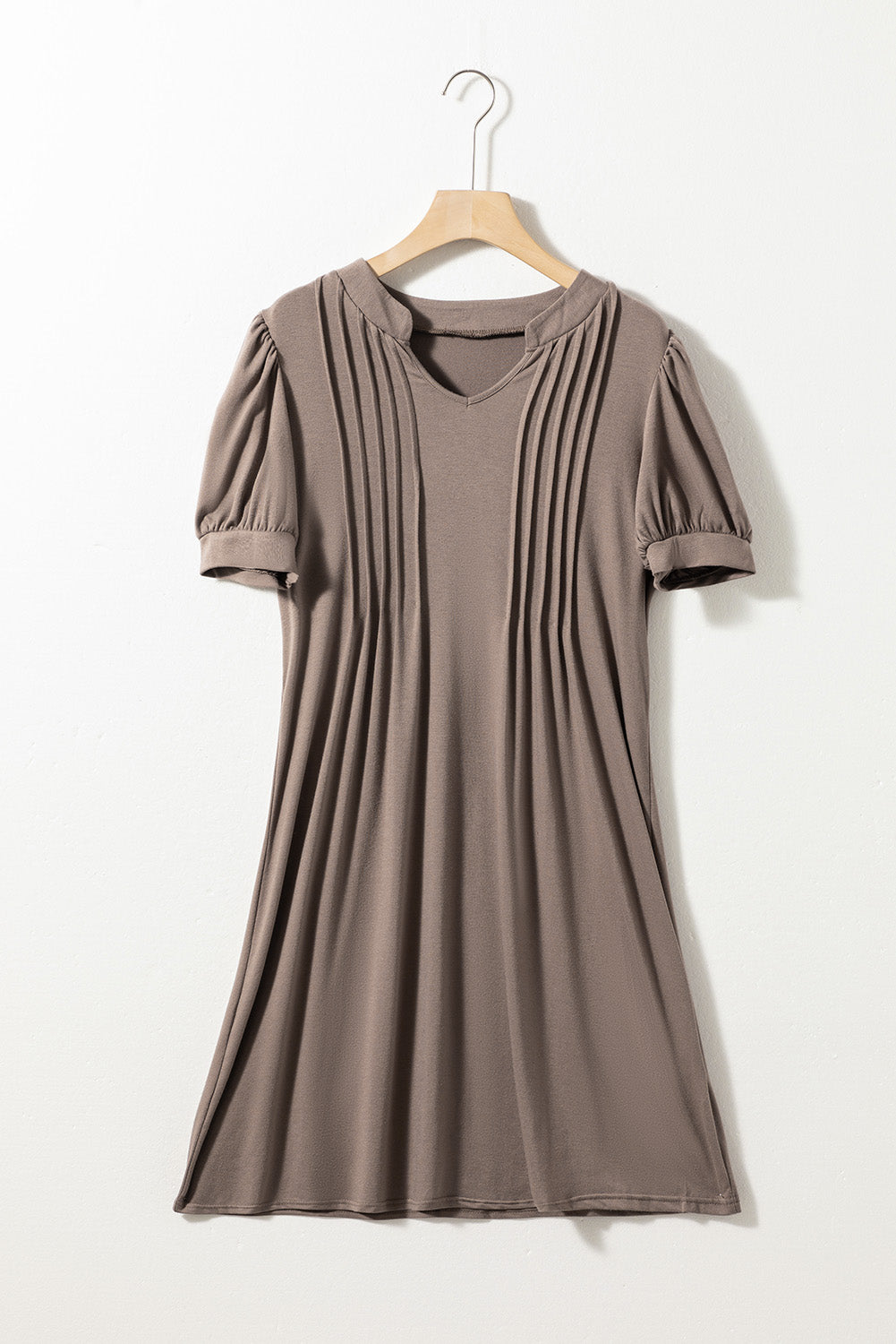 Pleated Puff Sleeve Dress with Notched Neckline in Palm Desert