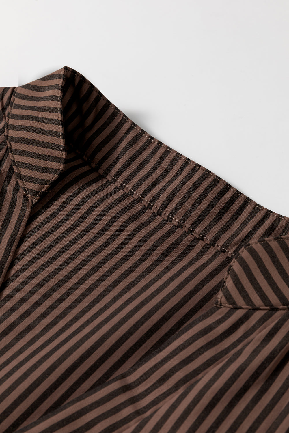 Brown Stripe V Neck Roll Up Sleeve Classic Shirt