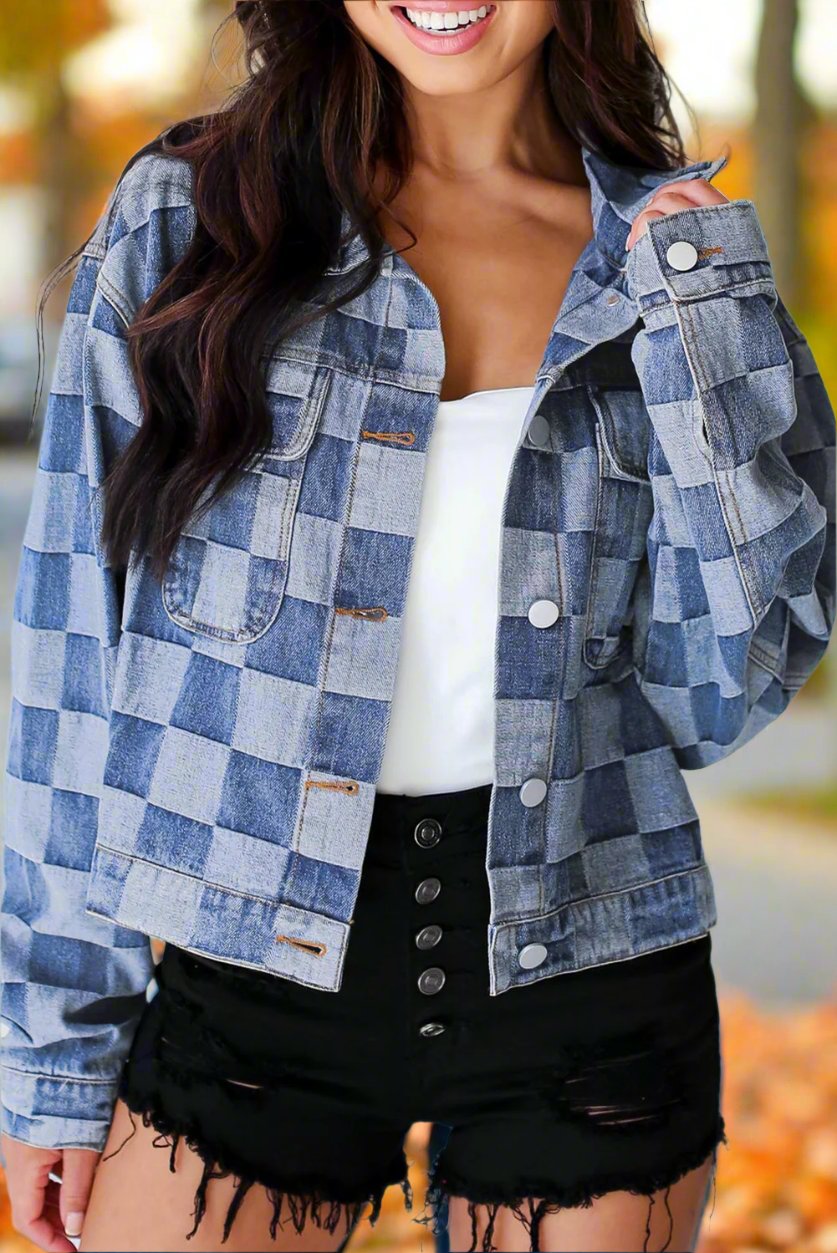 Checkered Patchwork Button up Denim Jacket