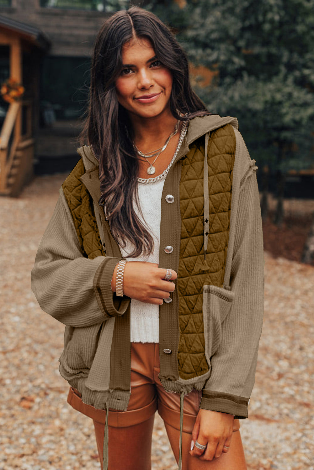 Quilted Textured Patchwork Loose Fit Hooded Jacket