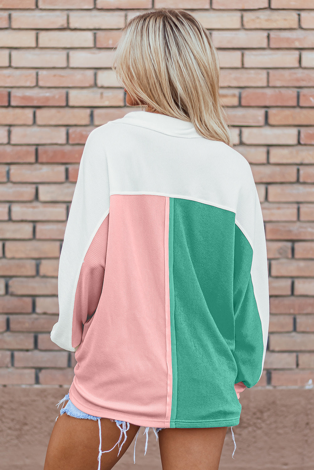 Pink Color Block Ribbed Collared Oversized Shirt