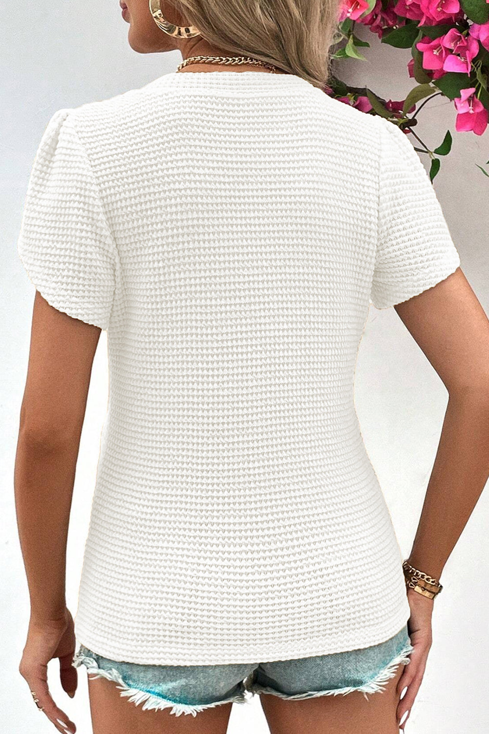 V-Neck Petal Sleeve Waffle Knit T-Shirt